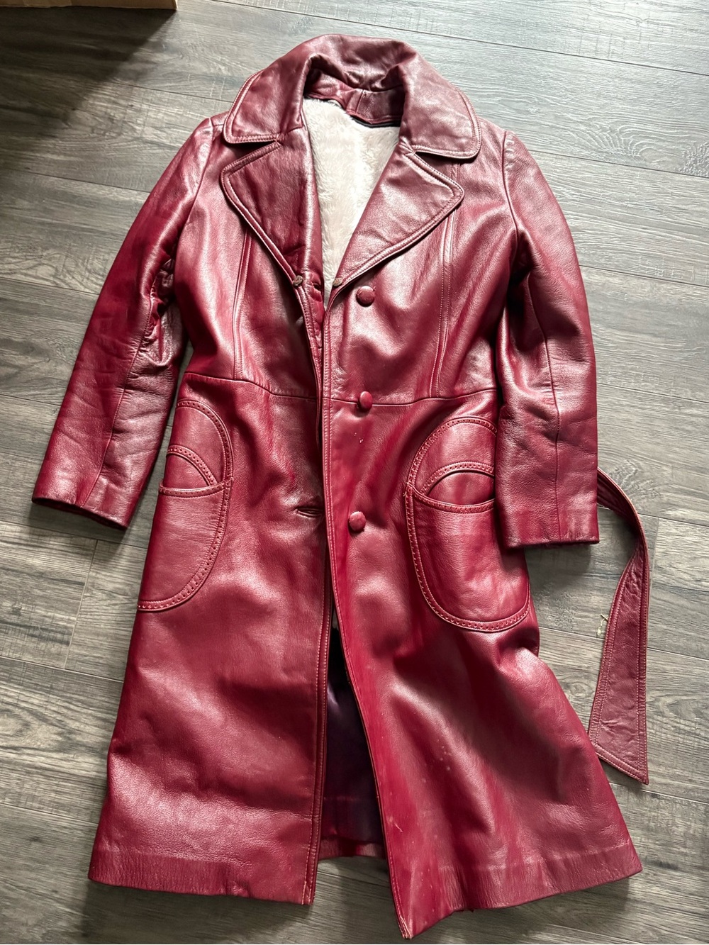 Ladies Burgundy Leather Trench Coat